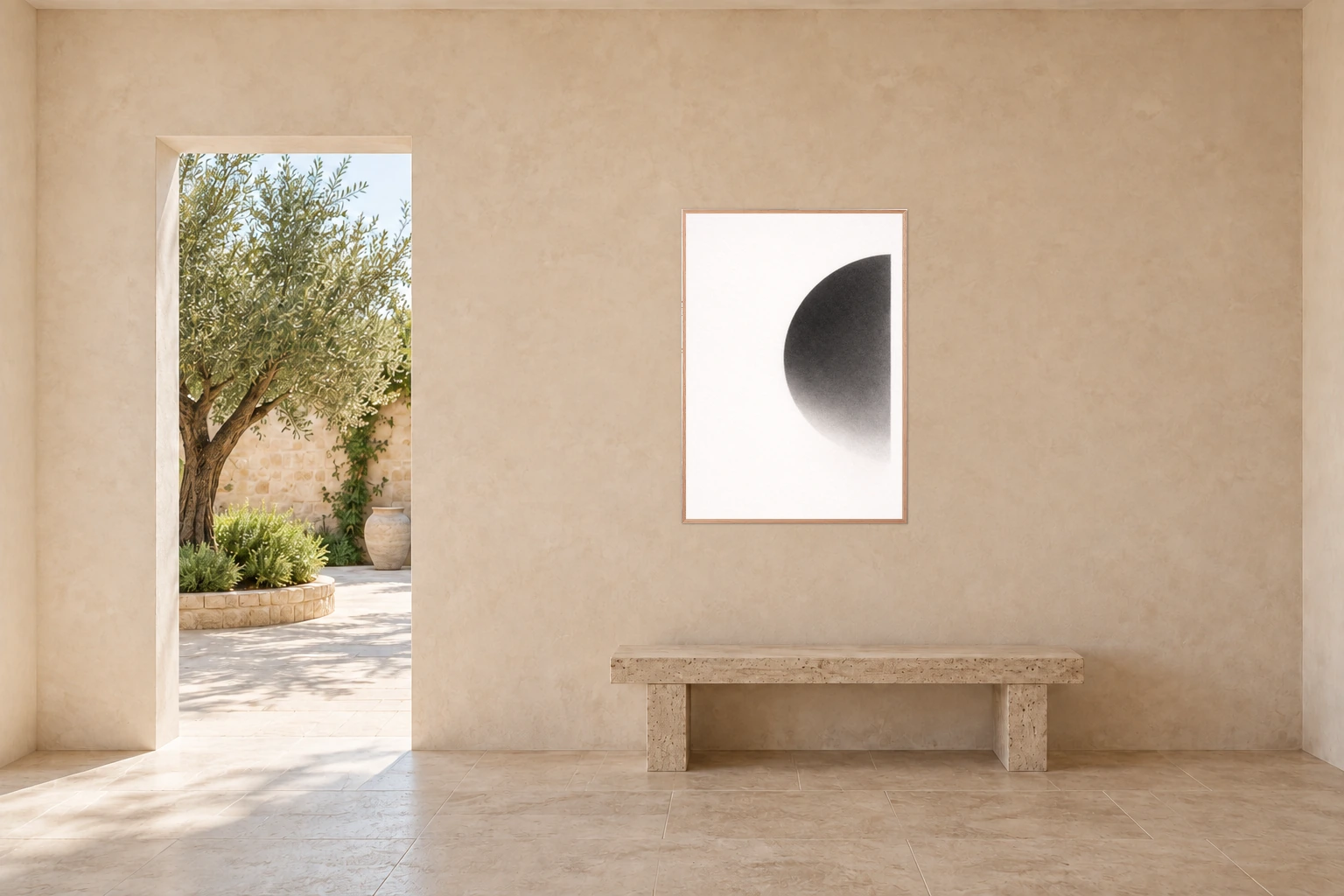 Form No. 5 in an A0 Tasmanian Oak frame above a limestone bench, scaled beside a courtyard doorway