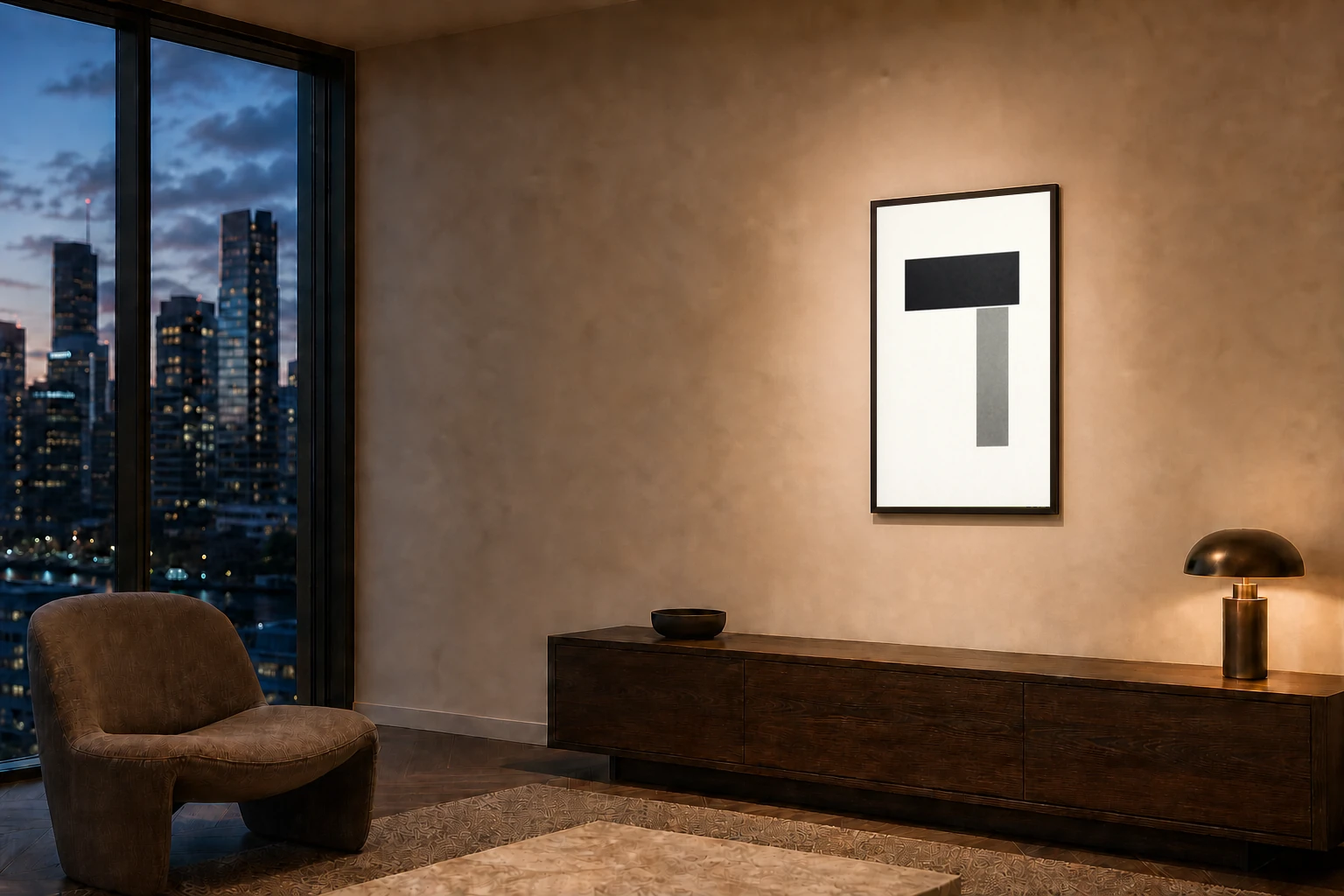 Tension No. 1 in a Matte Black frame in a refined city apartment at dusk